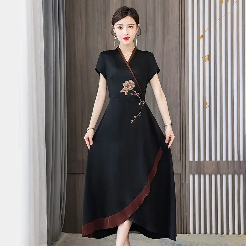 

2021 Summer New Chinese Style Improved Embroidery Cheongsam Ethnic Mulberry Silk Dress Midi Female Irregular Vestidos zh1465