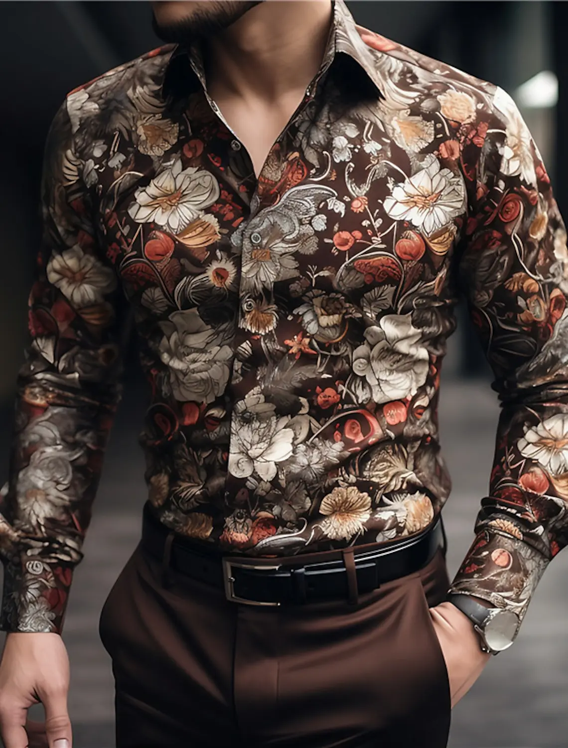 Floral Casual Men's Shirt Daily Wear Weekend Fall & Winter Turndown Long Sleeve shirts Fashion  Stretch Fabric Shirt Easter Top