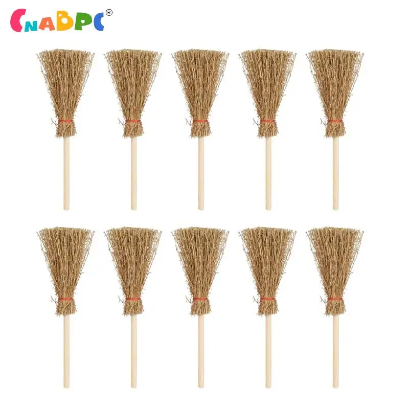 

5/10Pcs Mini Broom Red Rope Straw Brooms Hanging Decorations For Halloween Party Costume Witch Broom Dollhouse Accessories