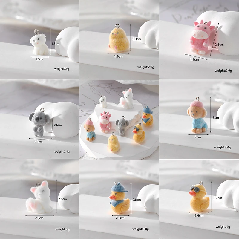 6pcs 3D Mini Flocking Chick Dog Resin Charms Bulk Kawaii Koala Dog Cow Duck Animal Pendant For Earring Keychain Diy Jewelry Make