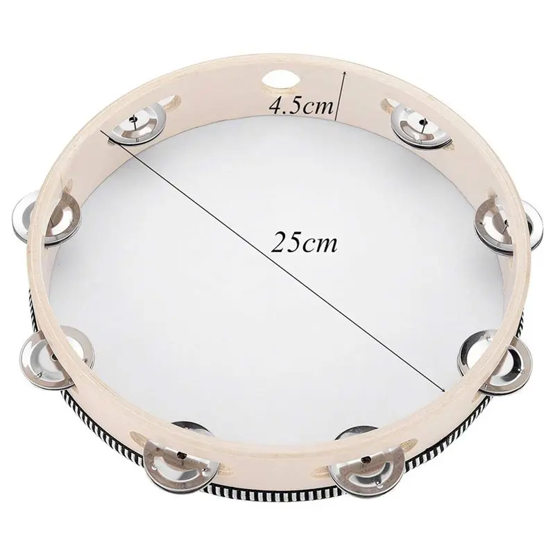 ABUE-5X Tambourine For Adults 10 Inch Hand Held Drum Bell Birch Metal Jingles Percussion Gift Musical Educational Instrument