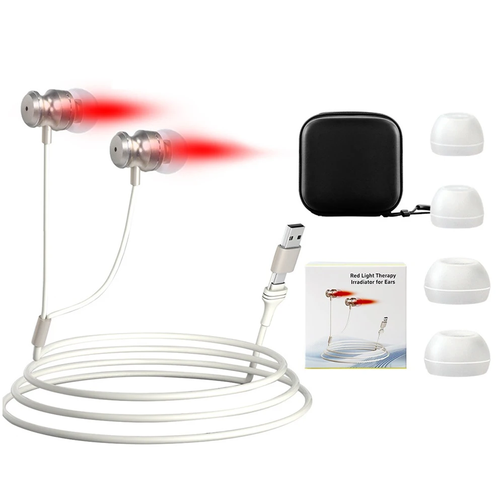Red Light Ear Therapy Device USB+Type-C with 2 Pair Silicone Ear Canal Cover 650NM for Ears Otitis Media Deafness Treatment