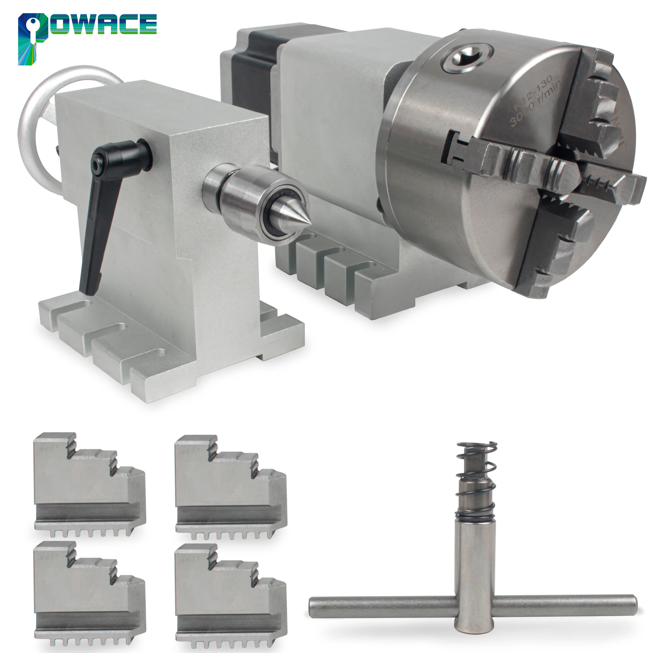 

CNC Fourth 4th Axis A Axis Rotary Axis Gapless Harmonic Reducer Gearbox 3 Jaws 4 Jaws K12 130mm Chuck Dividing Head +Tailstock
