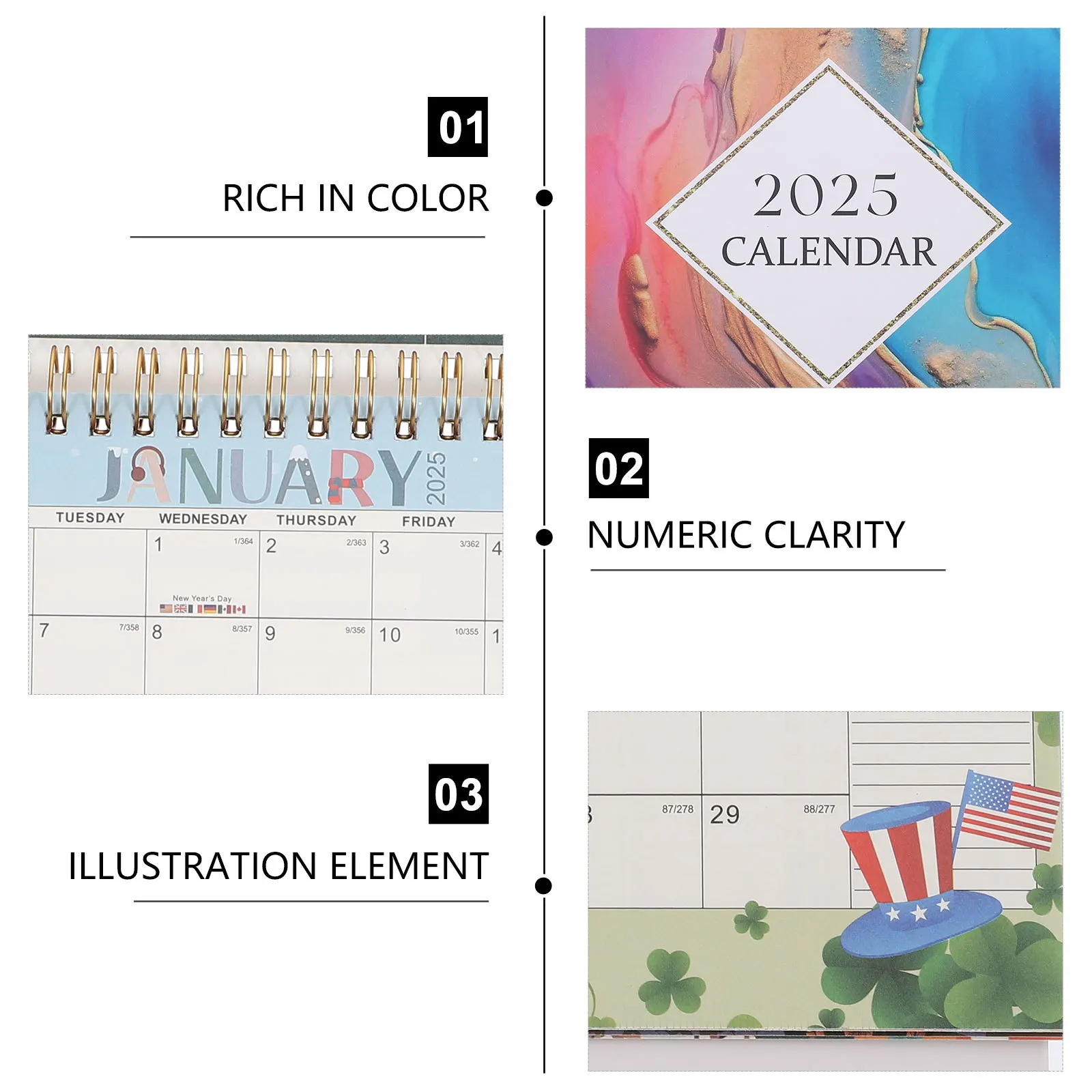 Calendrier à rabat en papier de bureau 2025, reliure à bobine métallique Stable, Page facile, support de bureau, calendrier, décoration de bureau, planificateur d'année