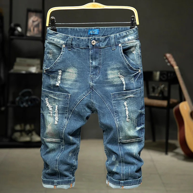 

Men's Workwear Denim Jeans Cargo Pants Summer Loose Fit Torn Patchwork Trendy Mid-Waist Straight Leg Jeans Youth ular