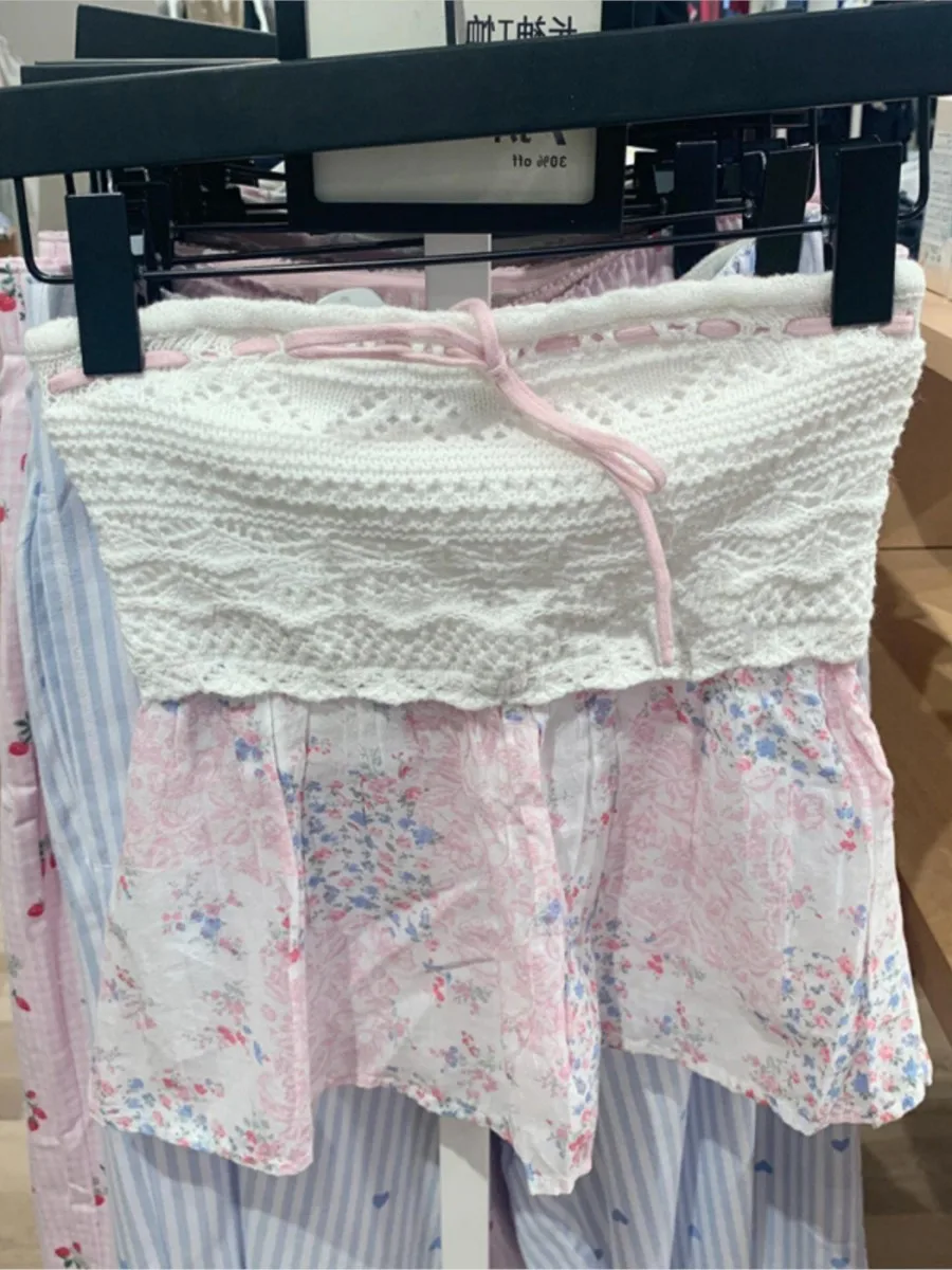 Floral sexy malha retalhos tubo topos mulher rendas sem alças bainha magro recortado camisola feminina streetwear doce topo de colheita y2k