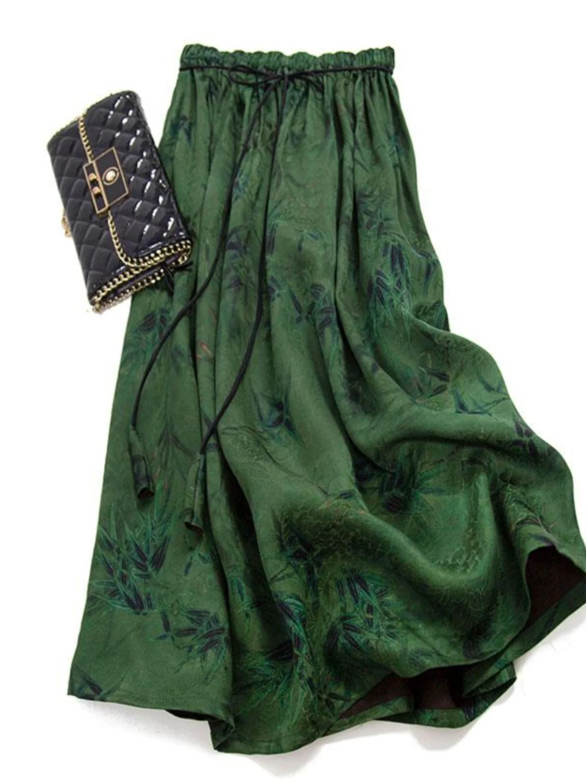 新中華風ハイウエストルーズフィットミディスカート レディース 夏 ヴィンテージグリーンAラインスカート フリル付き レトロゴムウエスト