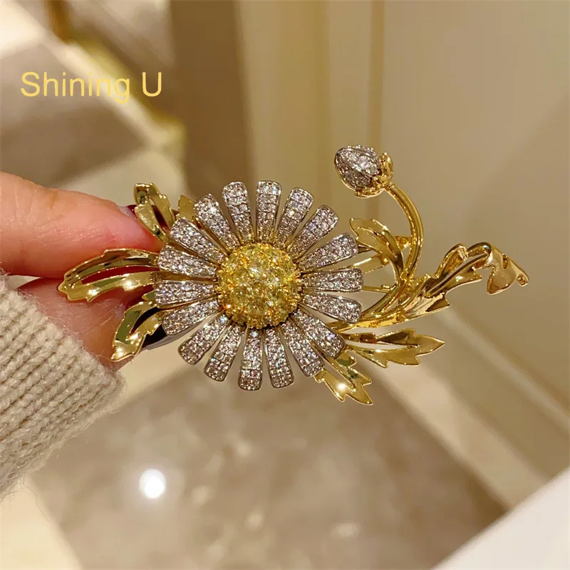 

Shining U Full Zircon Gems Sunflower Brooch for Women Men Floral Fashion Accessory