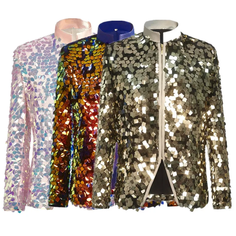 Newmen's Sparkling Sequin Jacket,European Size Stand Up Collar Zipper Jacket,ideal for Weddings, Banquets,and Stage Performances