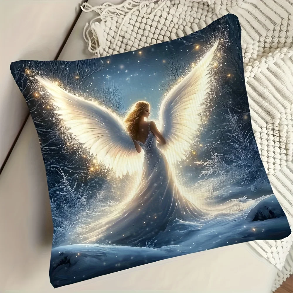 Magical Winter Angel Print Throw Pillow Cover Glowing Snowy Forest Angel Art Cushion Case for Enchanted  Home Decor Couch