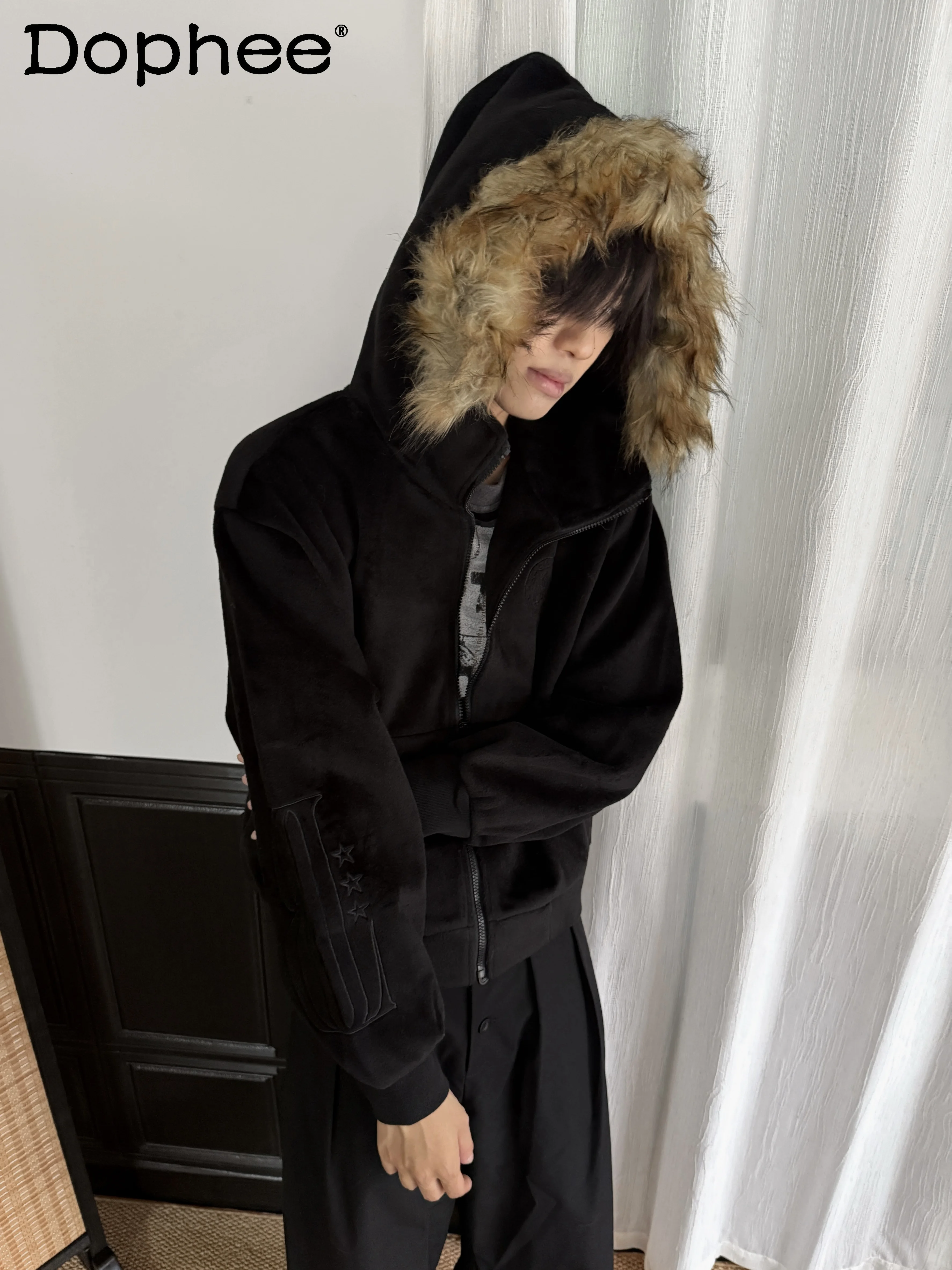 

Fashion Trend Retro Fur Collar Hooded Zipper Cardigan Sweatshirt High-end Loose Casual Autumn New Men's Jacket