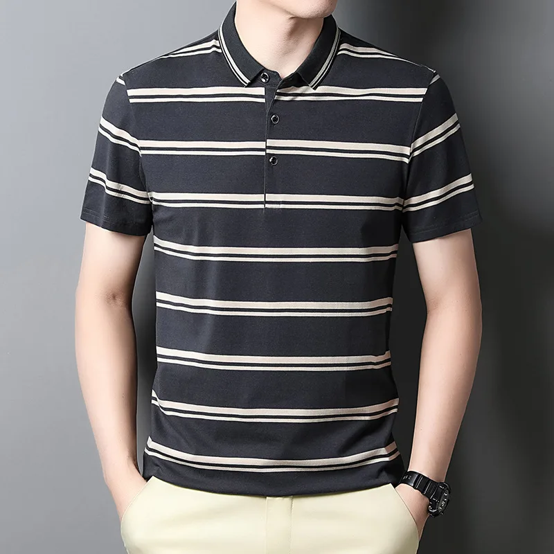 

Business Dress New POLO Shirt Men's Short-sleeved Cotton Striped T-shirt Korean Version of Middle-aged and Young Lapel Base