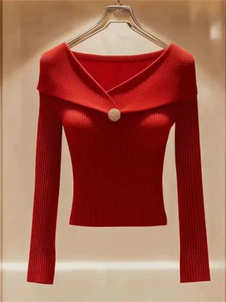 Elegant Long Sleeve Pullover V-neck Sweater Women New Fashion Knitted Slim Fit Fall Jumper Casual Solid Color Knitwear Short Top