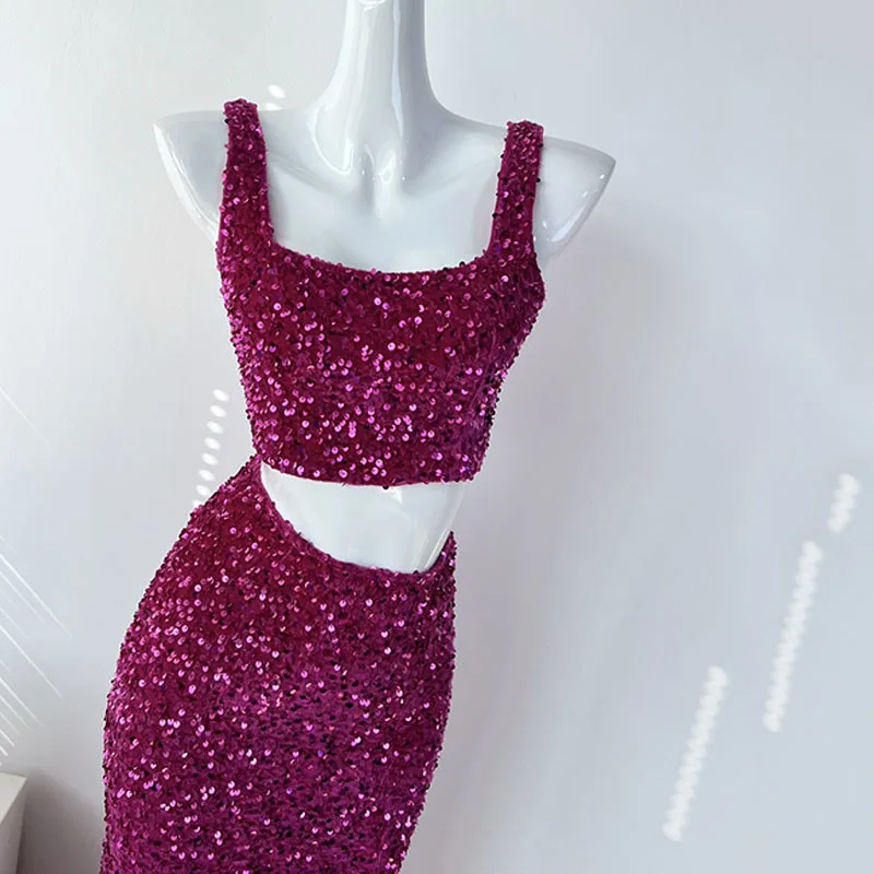 Sexy luxury sequins short vest top split half skirt set of two pieces 2024 New