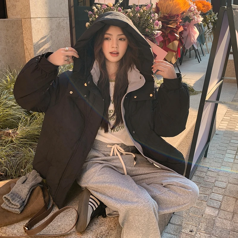 2025 الخريف الشتاء سترة منفوخة المرأة رشاقته أسفل القطن مبطن معطف فضفاض الإناث مقنعين الصلبة طويلة الأكمام سترات قصيرة #2