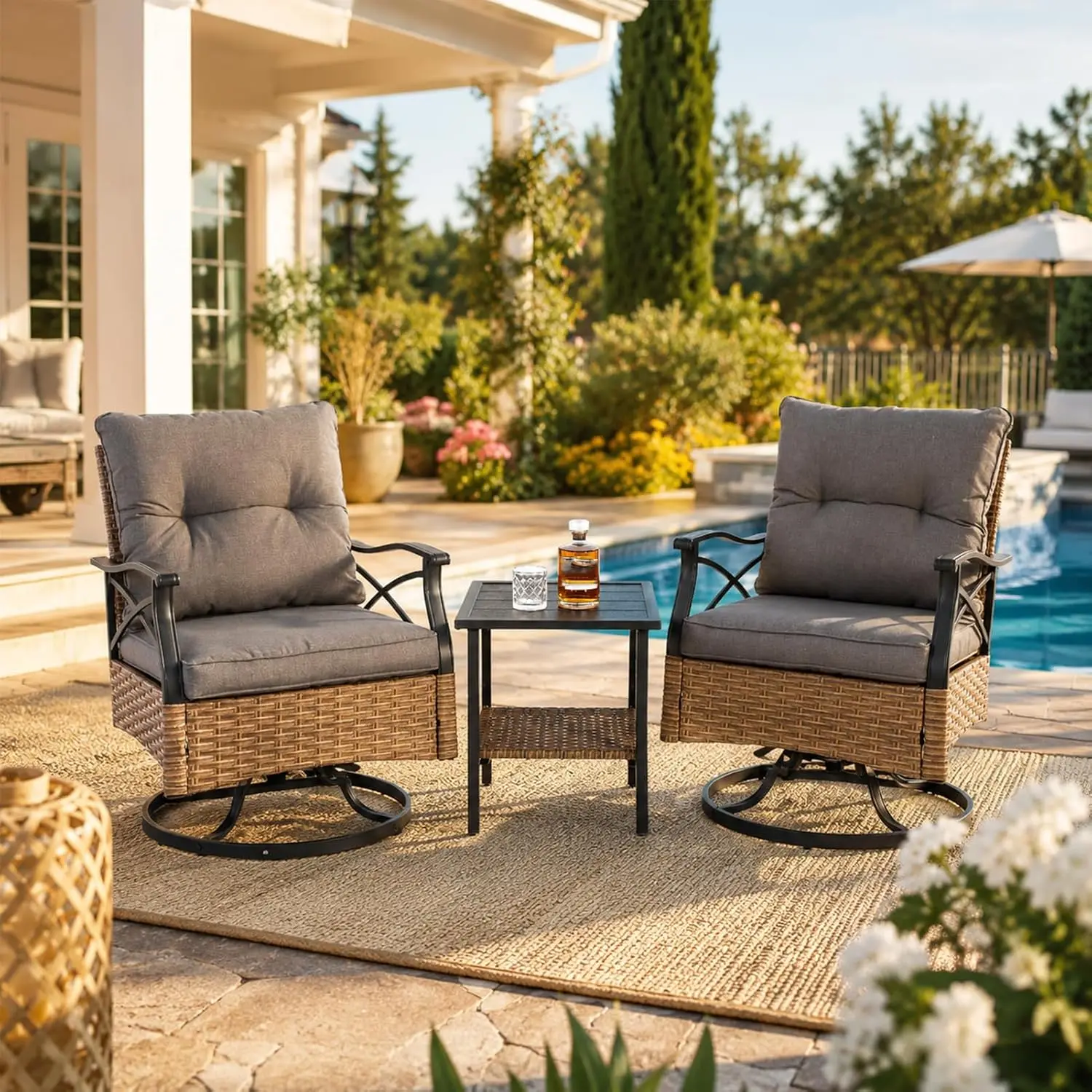 Outdoor Swivel Rocker Chair Set with Table Patio Conversation Furniture Wicker with Removable Cushions for Garden, Customized