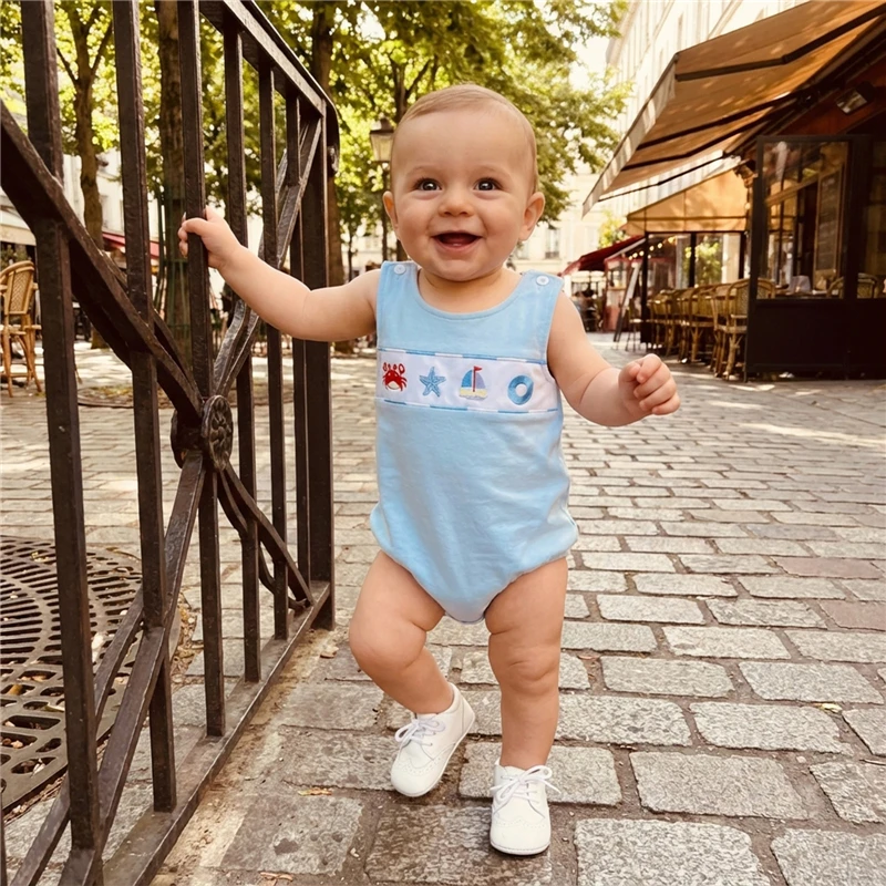 Moda infantil bebê meninos meninas verão macacão moda oceano temático bordado tripulação pescoço sem mangas macacão