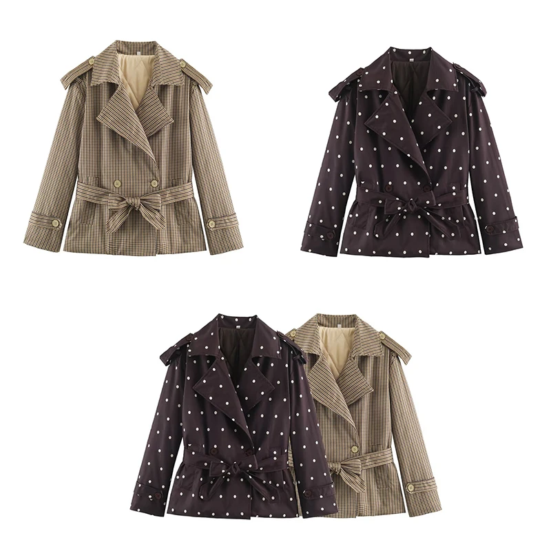 Guobioziy Women's Slim Fit Plaid Polka Dot Trench Coat 2026 Spring-Autumn New European-American Casual Fashion Trendy Streetwear