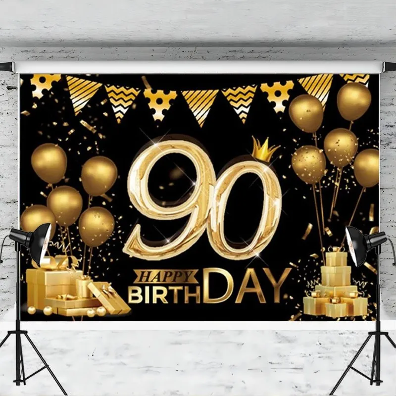 90th Birthday Backdrop Banner Decorations Black Gold Sign Poster for Men Women Anniversary Photo Booth Background Party Supplies