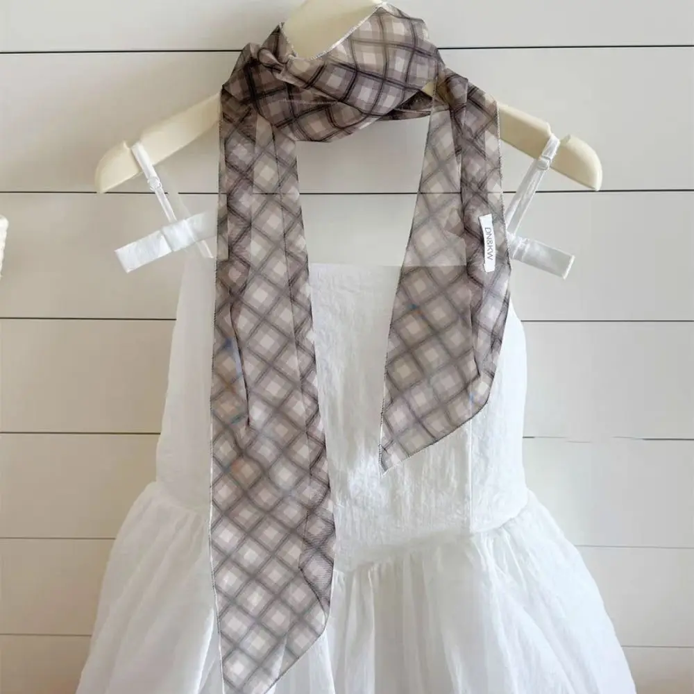 

Ретро-шарф с бантом и клетчатым узором, длинный шелковый шарф с принтом в виде решетки и цветов, женский шарф-лента с цветочным узором