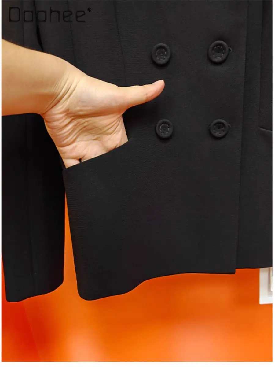 European Classic Elegant Fashion Slim Commuter Style Double-Breasted Solid Color Versatile Cross Collar Long Sleeve Blazer Coat