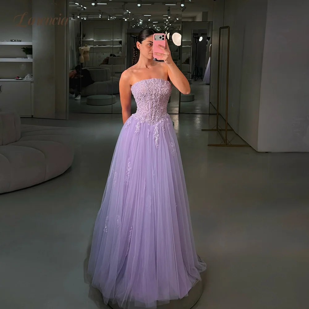 Lorencia Lavender Tulle Long Prom Dresses Strapless Appliqued Corset Basque Waist A-Line Wedding Party Dresses Customized