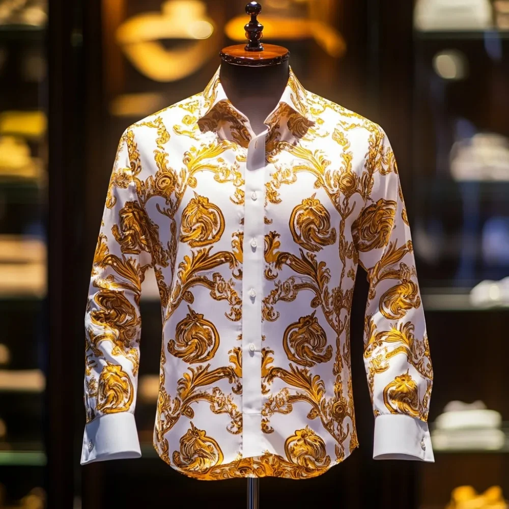 

Luxurious gold-patterned artistic print men's long-sleeved shirt, casual men's designer clothing with collar and buttoned shirt