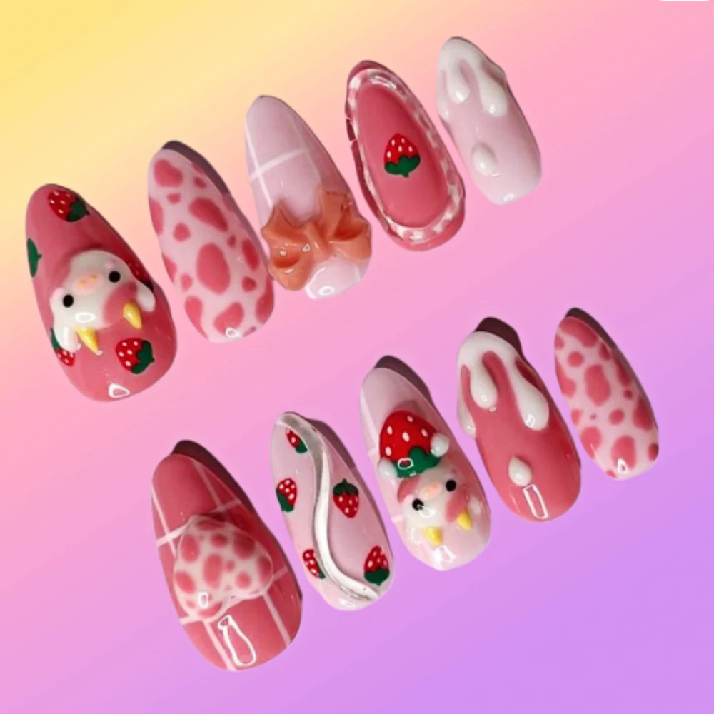 10Pcs Press On Nails 2024 New Nials Ballet Style Handmade Pink Cute Love 3D Medium Almond Fake Nails Design Art DIY Nails