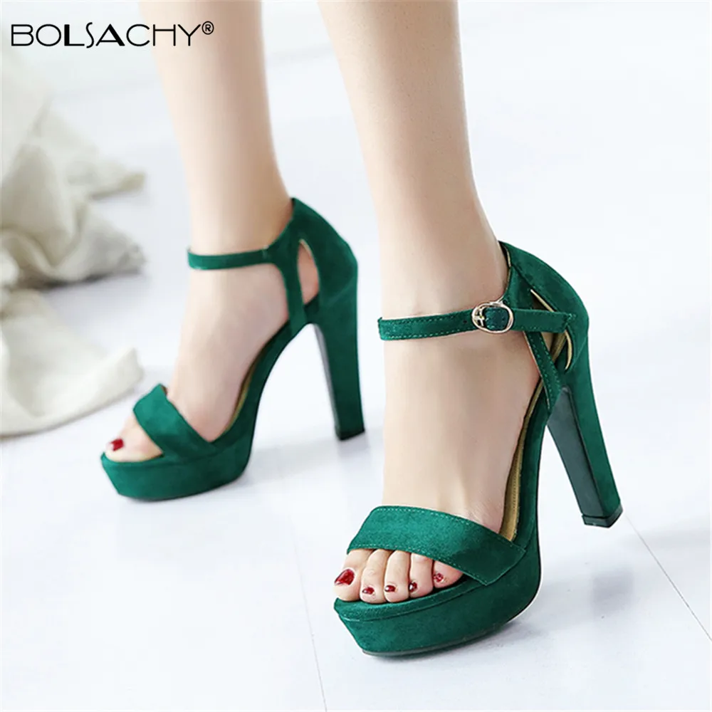 New Ankle Strap Heels Women Sandals Summer Shoes Ladies Open Toe Chunky High Heels Party Dress Sandals Big Size31-43 Green Black