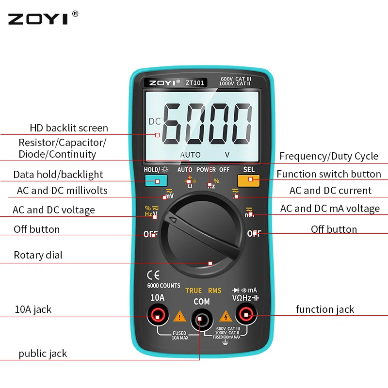 ZT101 Digital Multimeter Backlight A-C/D-C Ammeter 6000 Counts A-C/D-C Ammeter Voltmeter Portable Meter Meter Dropship