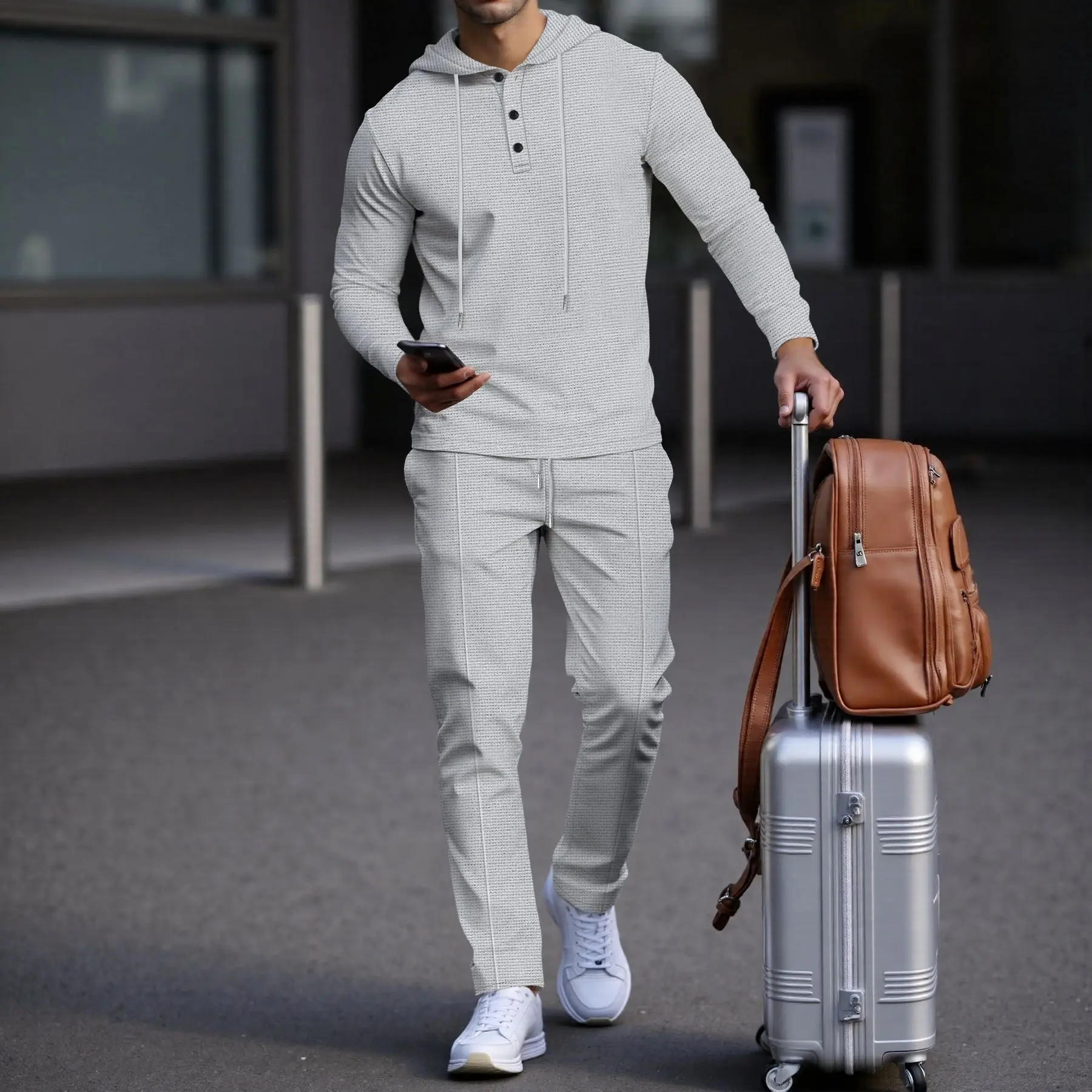 Amazon 2025 Cross-border Men's Waffle Knit Buttoned Hoodie Long-sleeve Top and Pants Casual Fashion Two-piece Set
