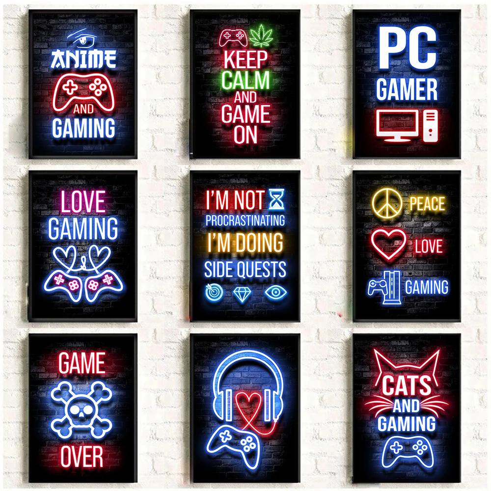 Gaming Gamer Quotes Neon Poster Vintage Gamepad Symbol Quote Canvas Painting Wall Art for Game Room Home Club Decor Mural