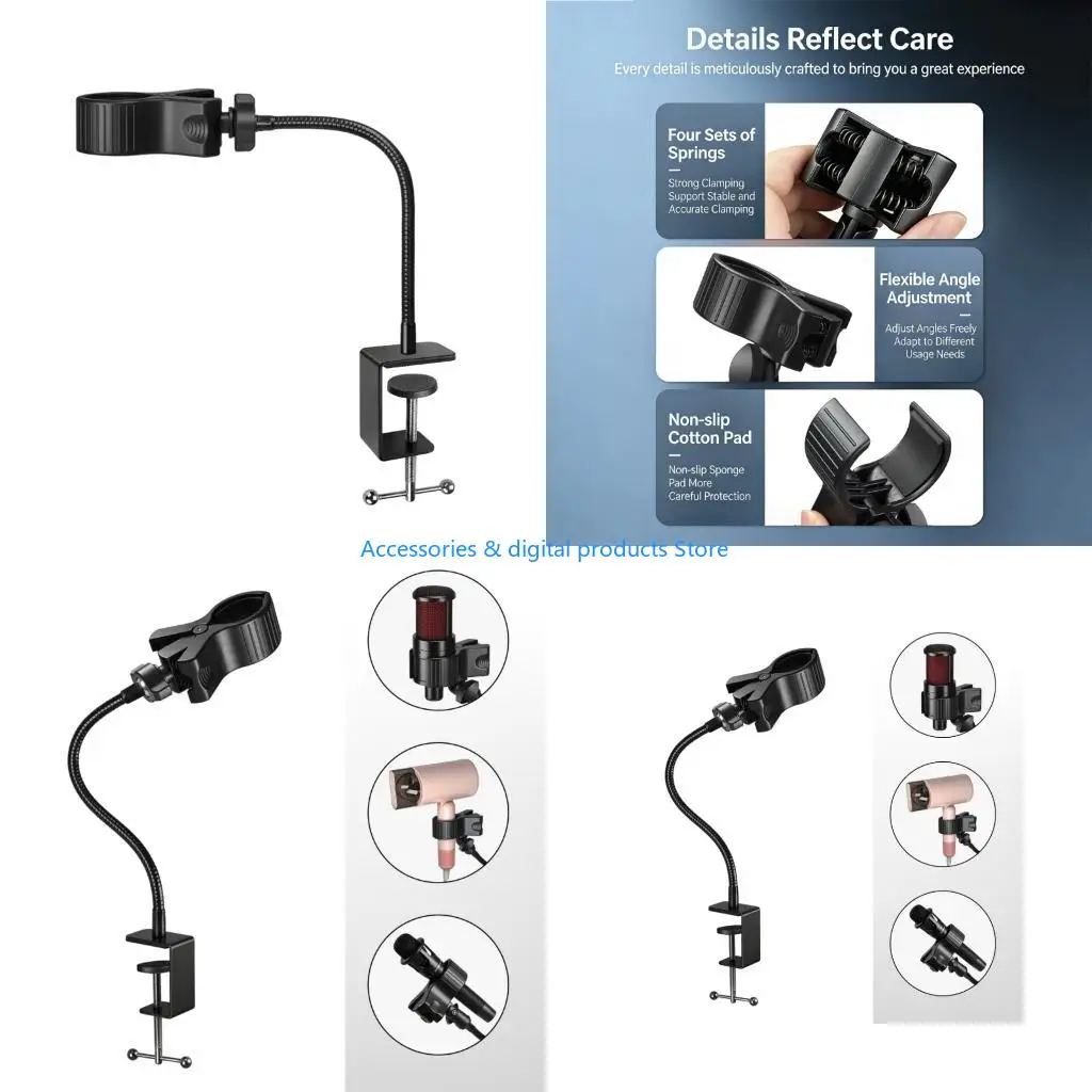 77JD Secure Clip On Microphone Stand Gooseneck Flexibility Allowing Customizable for Home Studios Live Stream