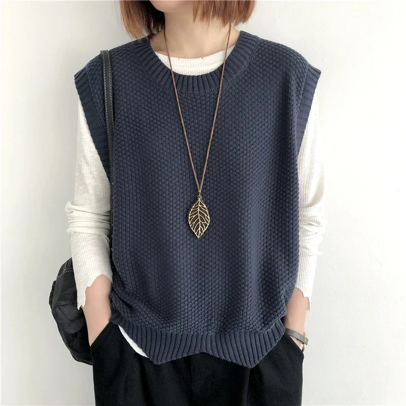 Women Sweater Vest Irregular Hem Loose Sleeveless Waistcoat Solid O-Neck Knitted Vest for Women Autumn Winter Pullovers