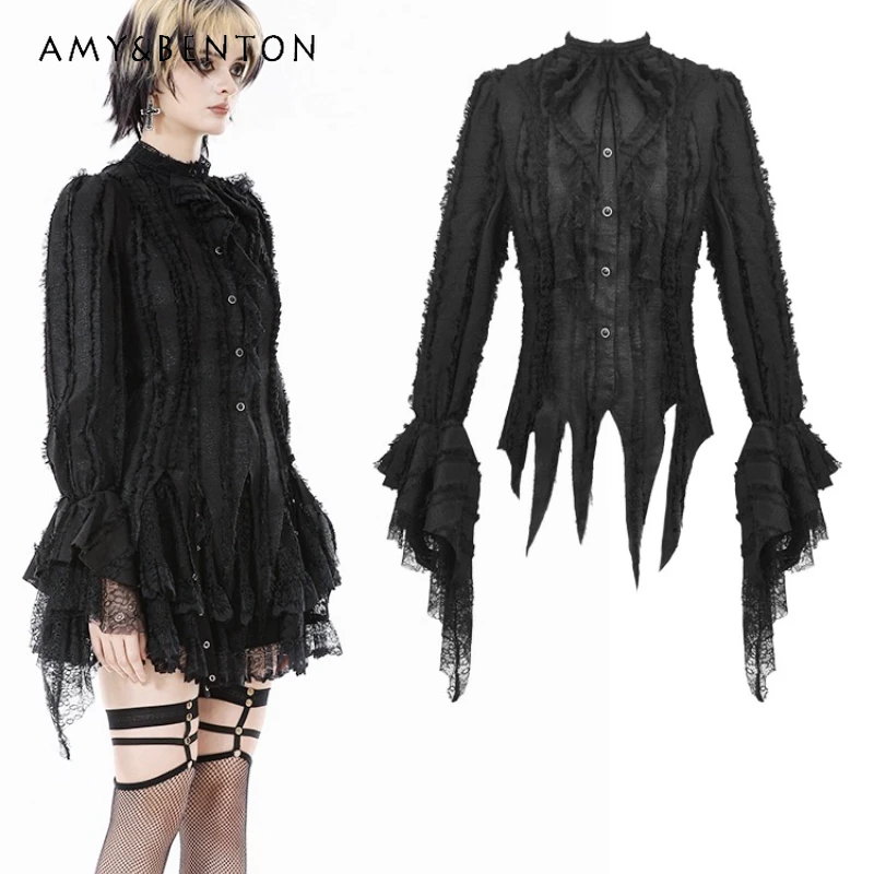 

2025 Autumn New Design Lace Splicing Irregular Women's Shirt Gothic Dark Punk Sweet Cool Sexy Flared Long Sleeve Shirts Ladies