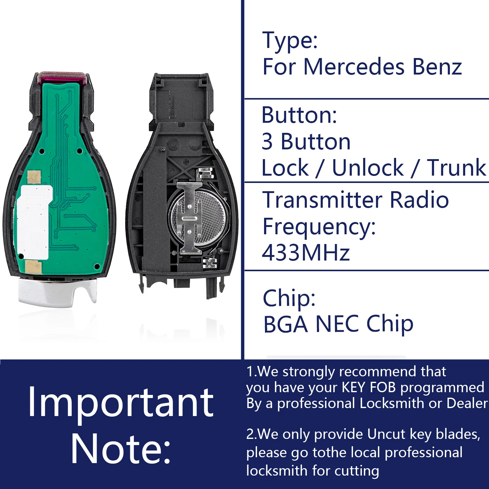 OHMSEN Voor Mercedes Benz A E G CLK Klasse Sprinter Viano Vito Afstandsbediening Sleutelhanger 3 Knop FSK 433 MHz BGA NEC Chip