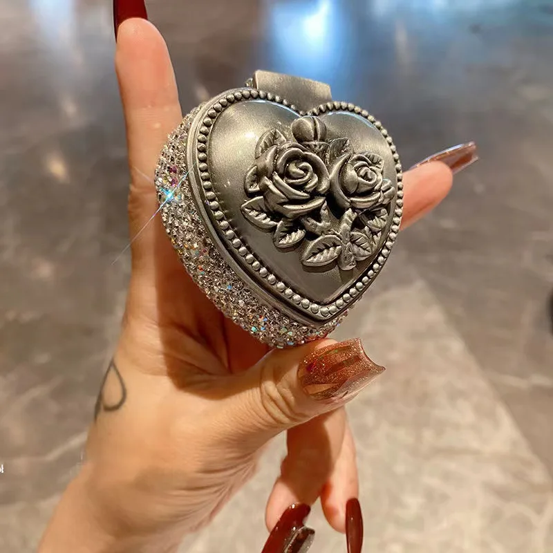 

Light luxury mini metal flower jewelry box set with artificial diamonds, exquisite ring, earrings, necklace portable storage box