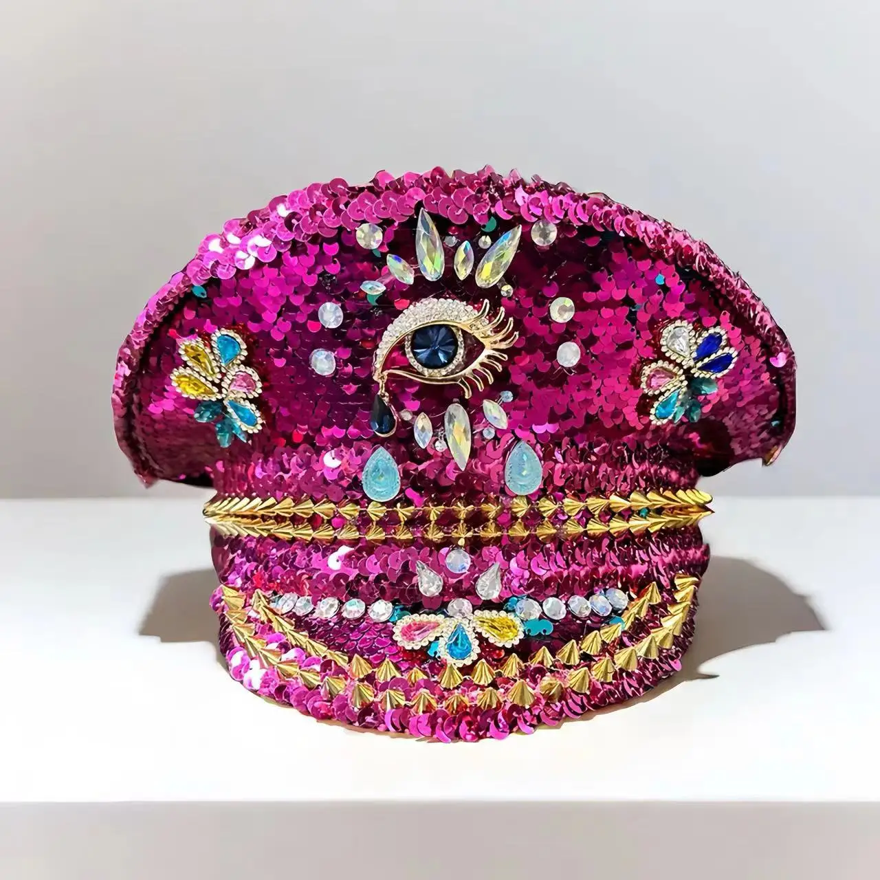 Women's Pink Sequin Captain's Hat with Rhinestone Evil Eye Decor Hat with Bar DJ Stage Halloween Carnival Party Costumes Props