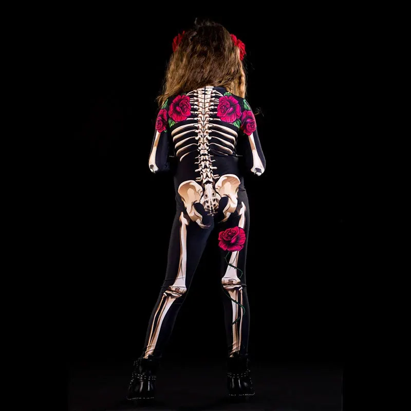Girls Rose Skeleton Jumpsuit Day of The Dead Costume Kids Halloween Cosplay Bodysuit Carnival Party Fancy Dress Outfit