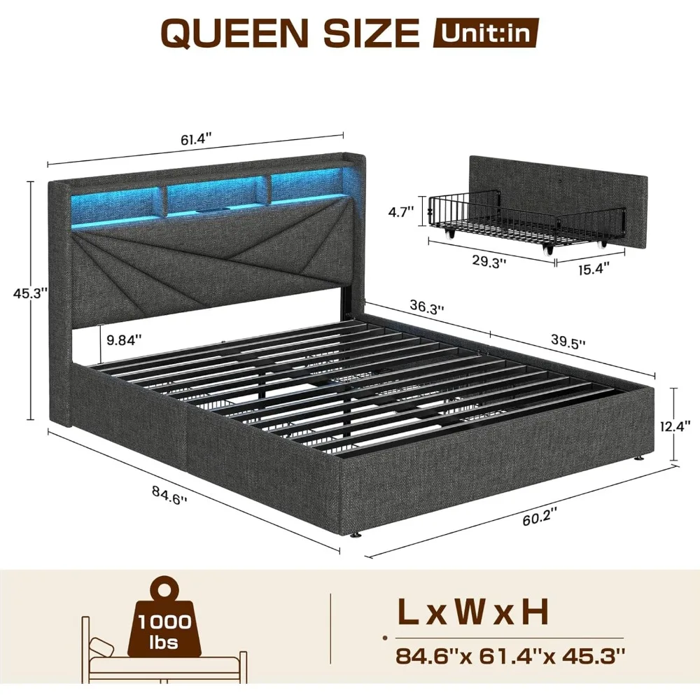 إطار سرير منجد بحجم كوين مع 4 أدراج تخزين ولوح رأسي بإضاءة LED ومحطة شحن