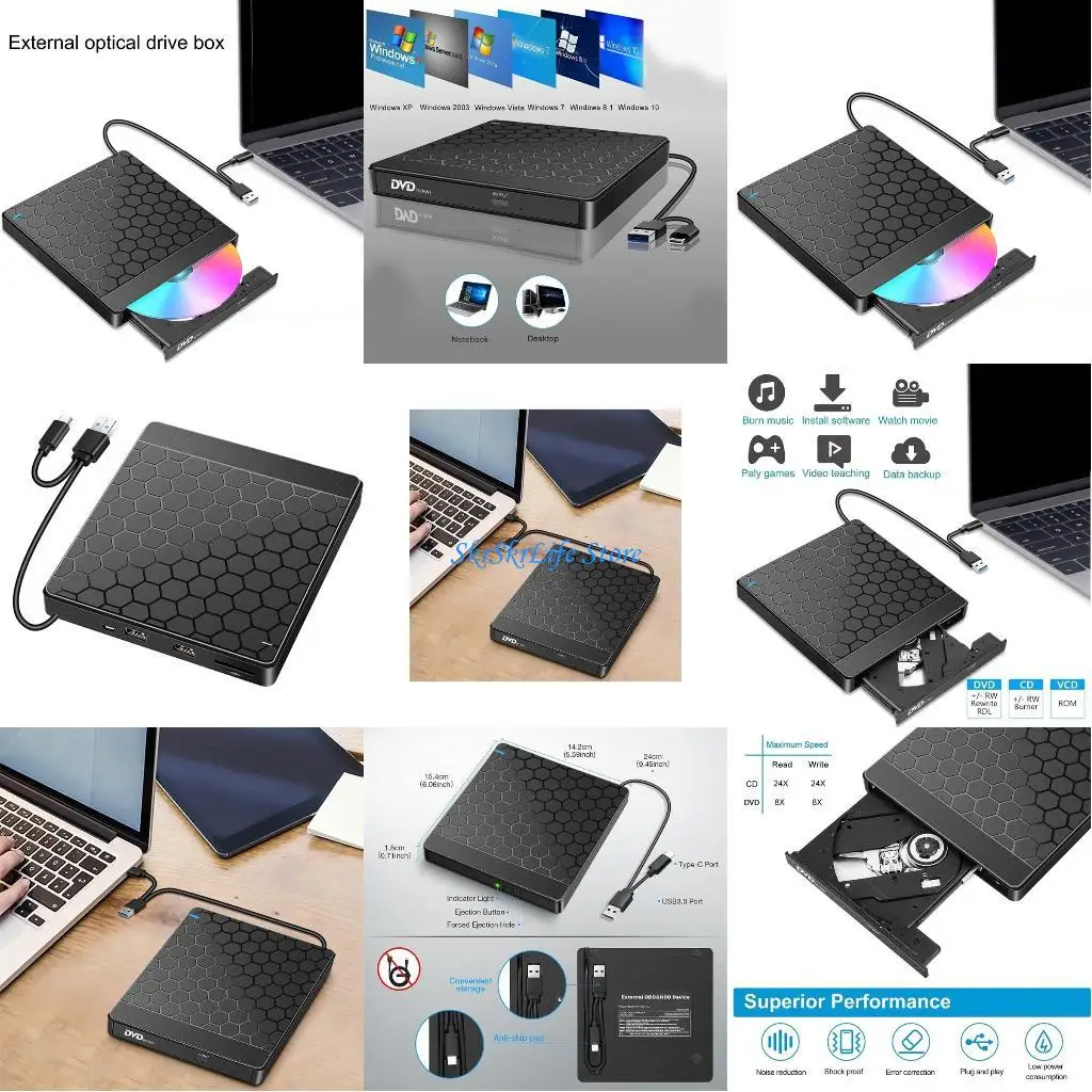 

E65E External DVD Drive with USB /Type-C Port Card Slot Portable DVD ROM