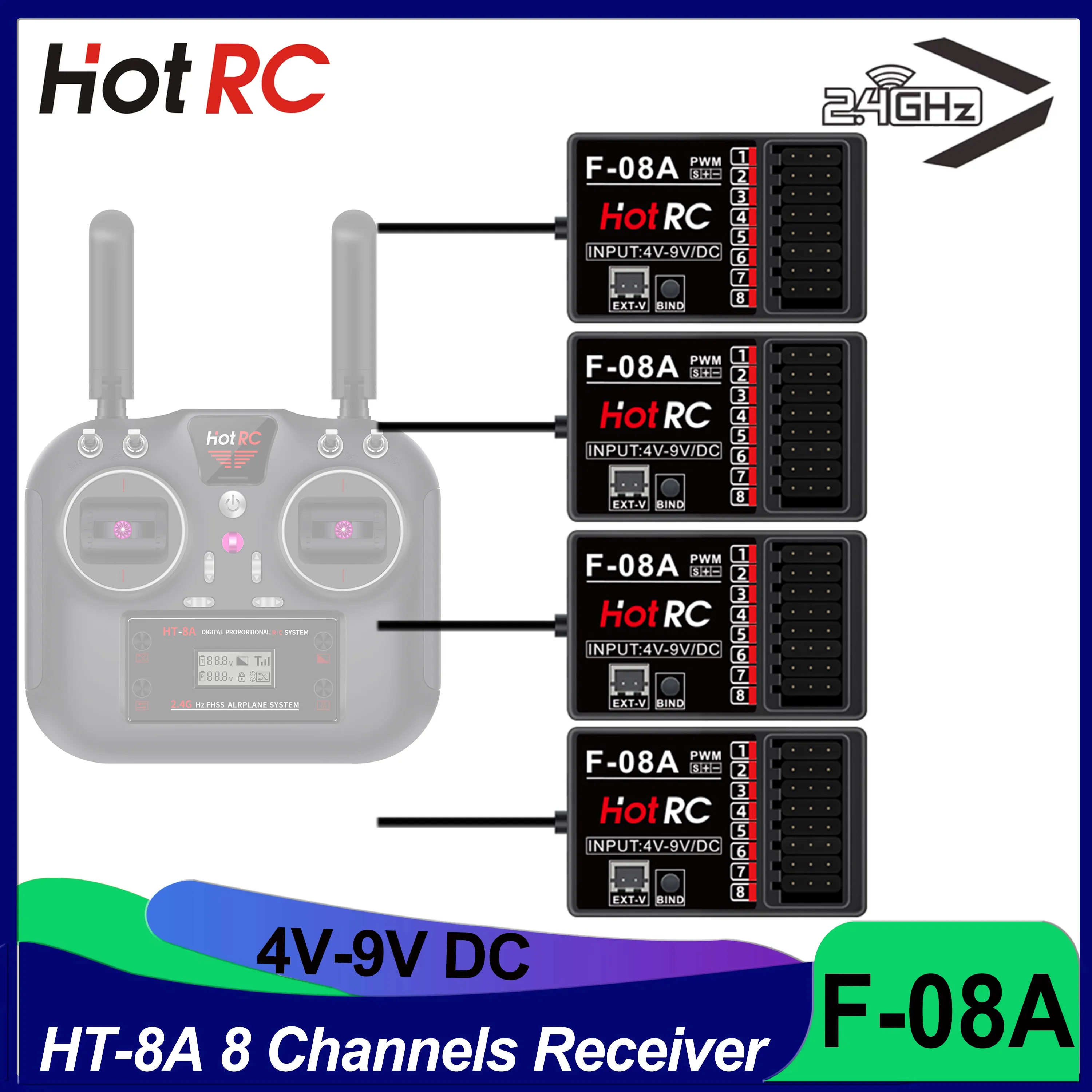 HOTRC รุ่น RC อะไหล่ 8 ช่องผสมฟังก์ชั่นควบคุมตัวรับสัญญาณ 4-9V DC F-08A สําหรับ HT8A วิทยุควบคุม RC เครื่องบิน Drone เครื่องบิน