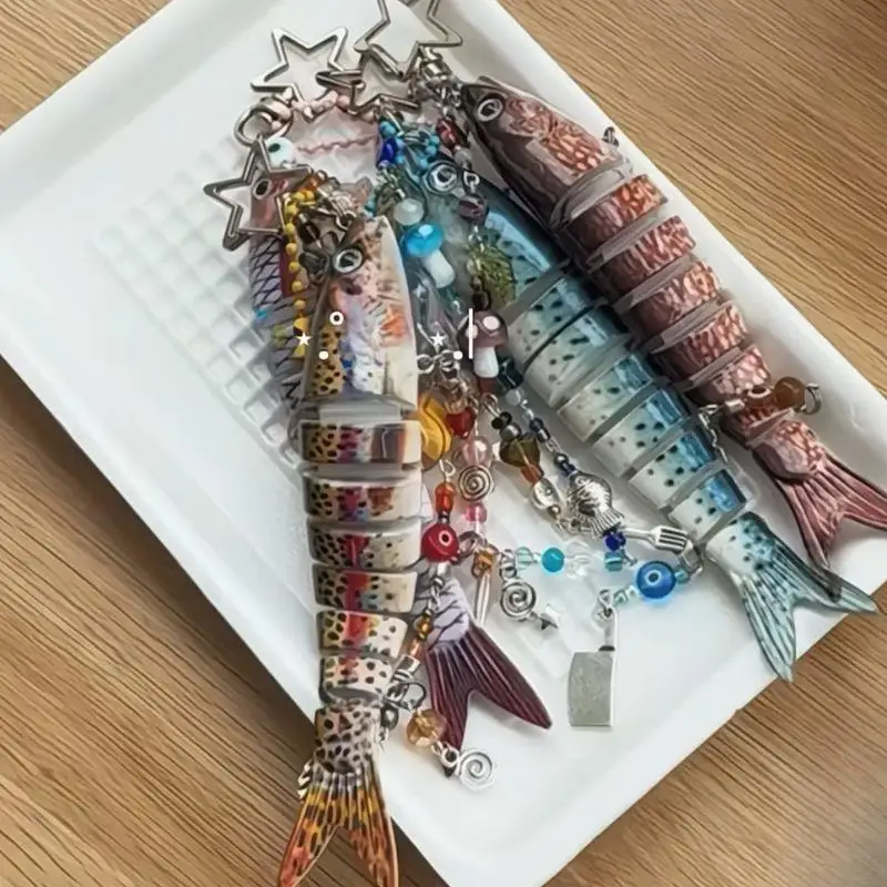 펜타그램 휴대 전화 끈, 수제 물고기 키 체인 쥬얼리, 가방 펜던트 인공 물고기 미끼 휴대 전화 끈 액세서리