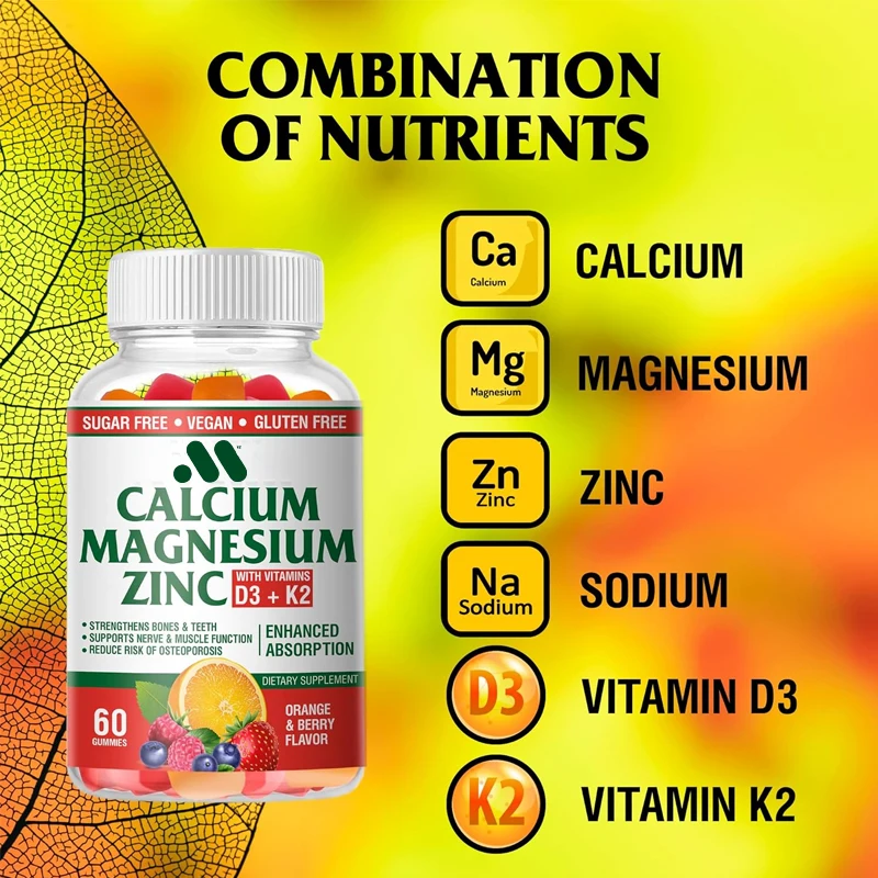 Calcium magnesium zinc gummies contain vitamins D3 and K2- efficiently enhance absorption - orange and berry flavored 60 gummies