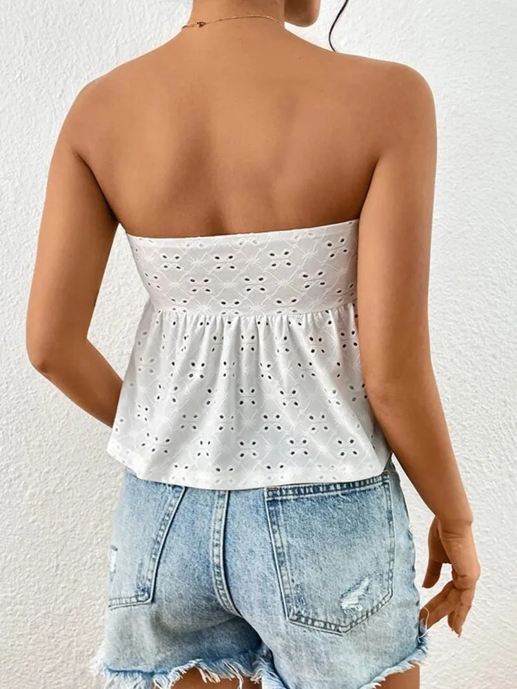 Fashion Casual Summer Seaside Vacation Women's Strapless Lace-up Wooden Ear Edge Sexy Knit Solid White Color Reveal Back Vest