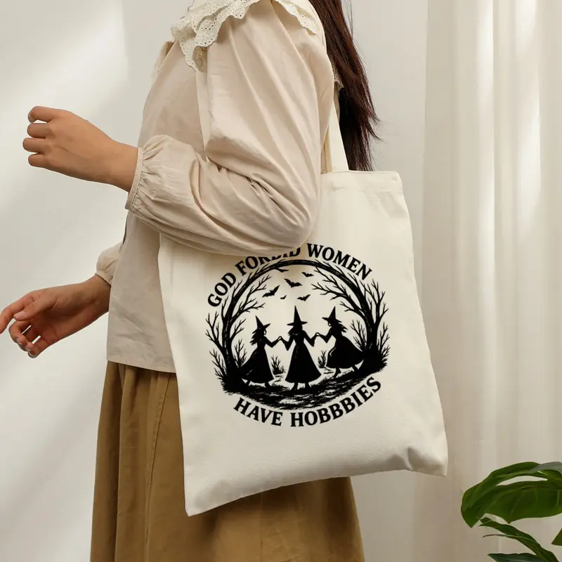 Vintage Gothic Forest Witch Tote Bag God Forbid Women Have Hobbies Three Witches Print Portable Canvas Daily Shopping Handbag