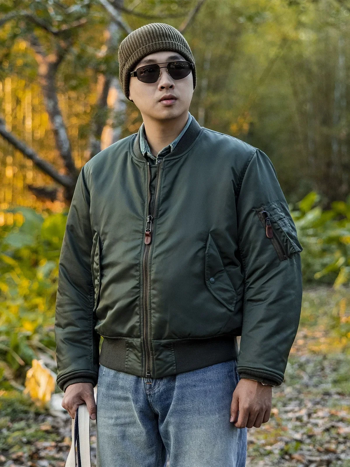 Red Tornado MA-1 Bomber Jacket in Army Green Winter Men's Wool Insulated Waist Length Outerwear