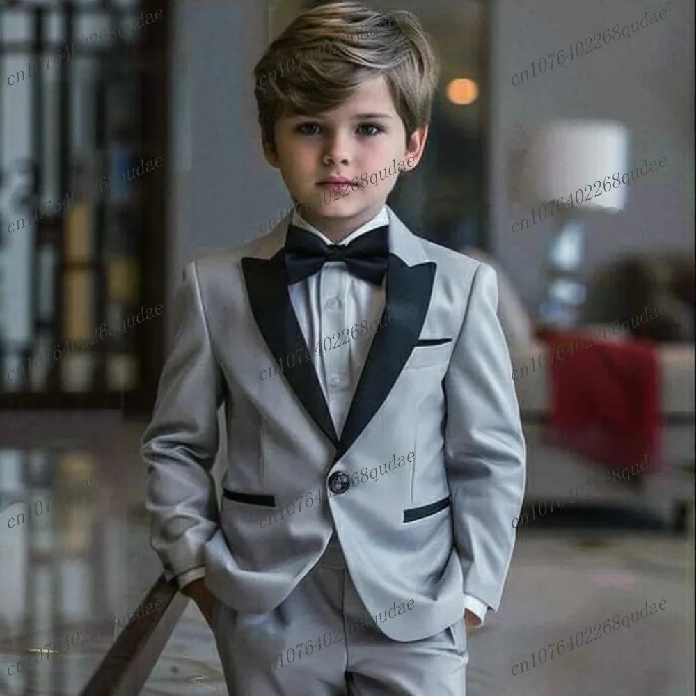 Black lapel Grey Boy's Suit Formal Occasion Kids Tuxedo Toddler Children Clothes Boys Attire 2 Piece Set Jacket Pants 2-13 Years