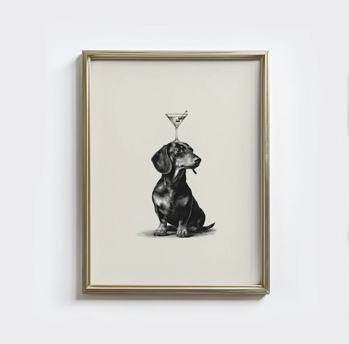 Elegant Whimsical Dog Wall Art - Fine Line Art Print of a Dignified Dachshund Embracing Cocktail Culture, Blending Timeless M