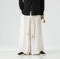 2023 Fashion Men Linen Wide Leg Pants Joggers Male Streetwear Loose Solid Color Trousers High Waist Casual Cotton Pantalon M-5Xl